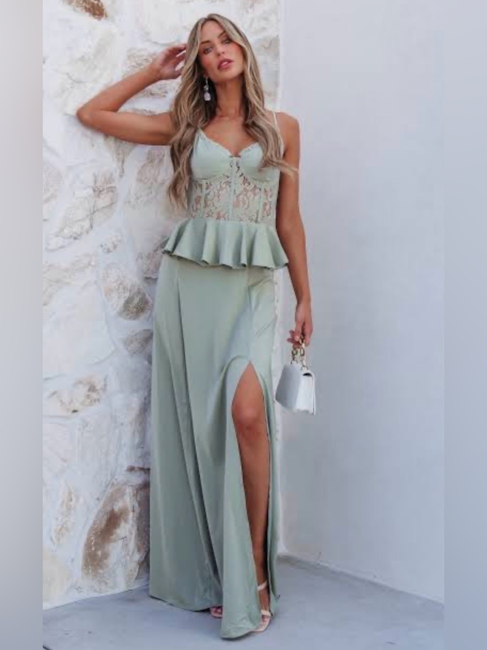 Vici Sage Lace Bodice Peplum Maxi Dress